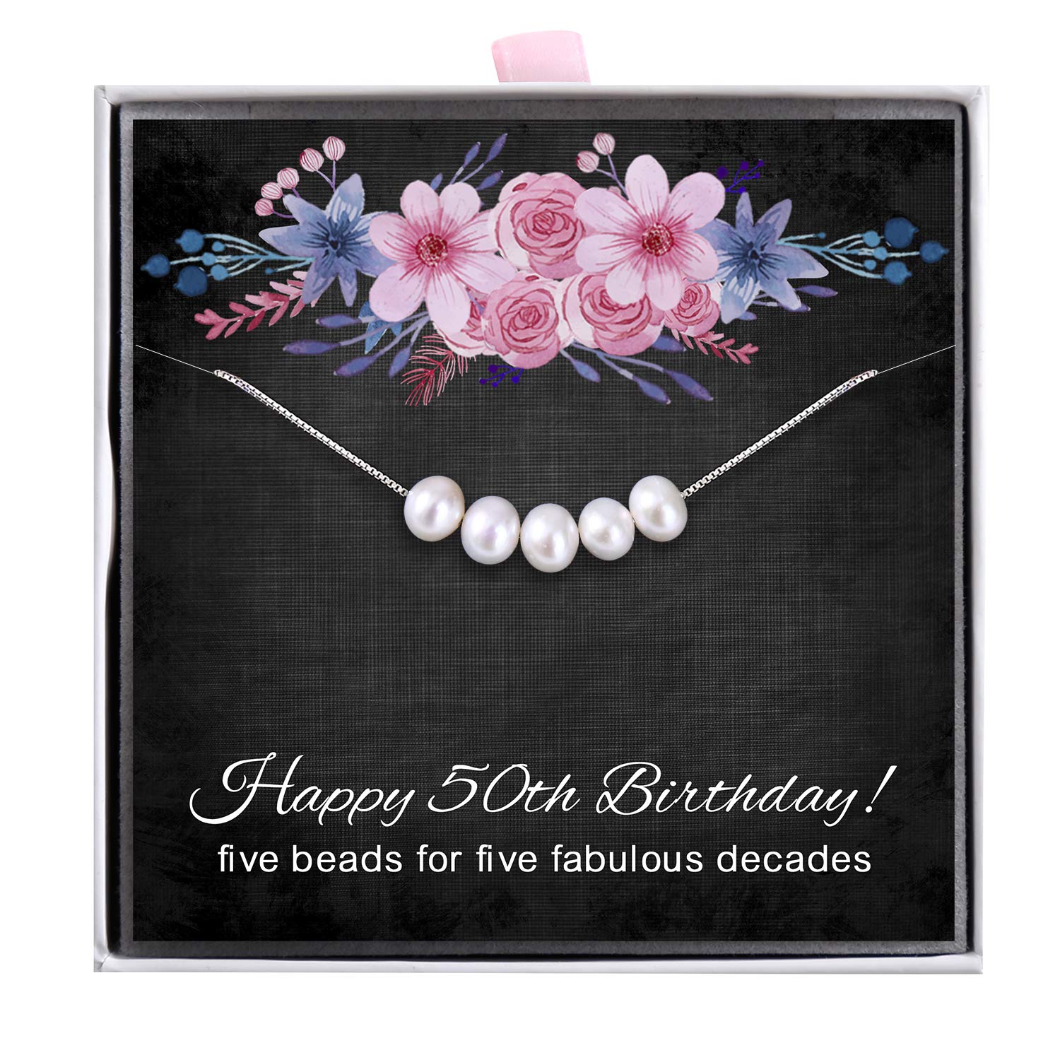 ALoveSoul 50th Birthday Gifts for Women - 925 Sterling Silver Necklace, 5 Pearls Necklace Gift for Her, Birthday Gift Ideas for Women