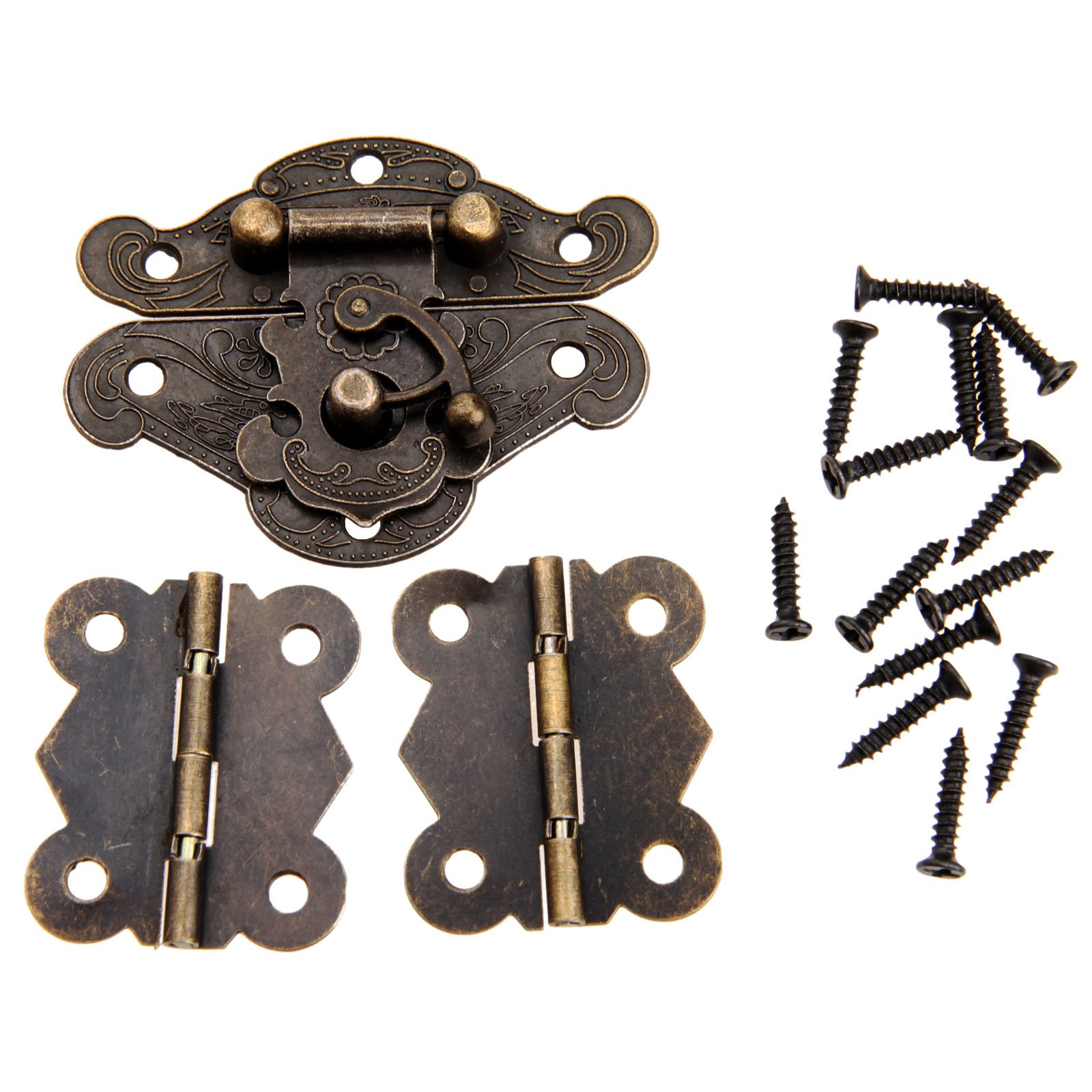 Dophee Antique Embossing Hasp Latch Lock with 2PCS Small Hinges and Screws for Decorative Wooden Jewelry Box Furniture Cabinet Cupboard