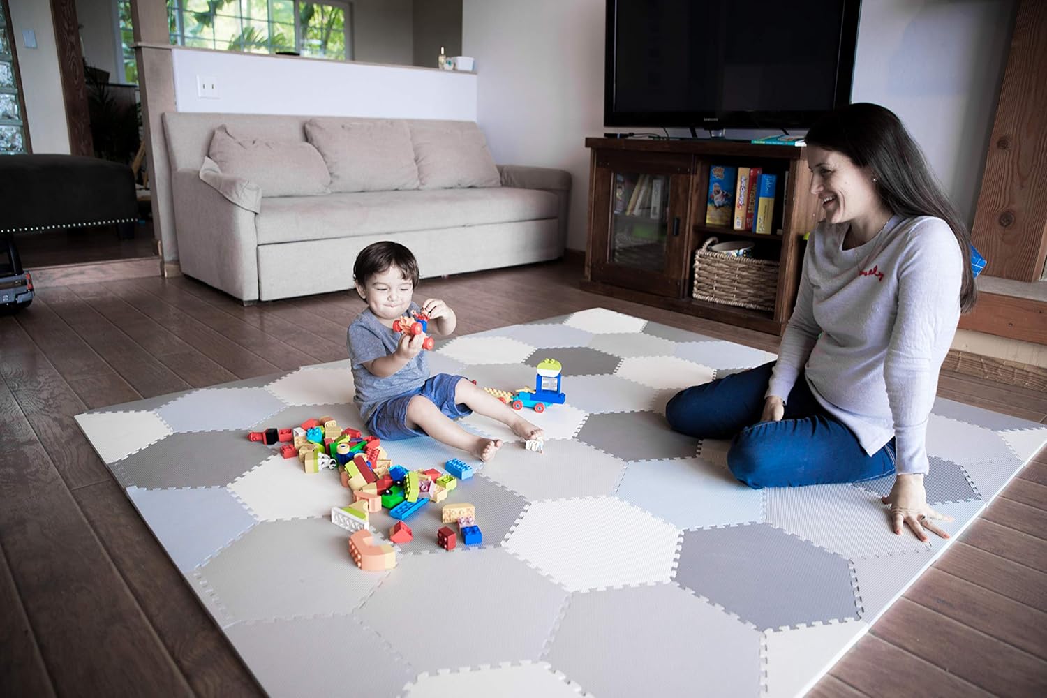 Baby Brielle Interlocking Hexagon Floor Foam Tile Activity Mat for Tummy Time, Crawling, and Playing Ultra Thickness Playmat for Infants and Toddlers for Nursery Room in Grey/White : Baby