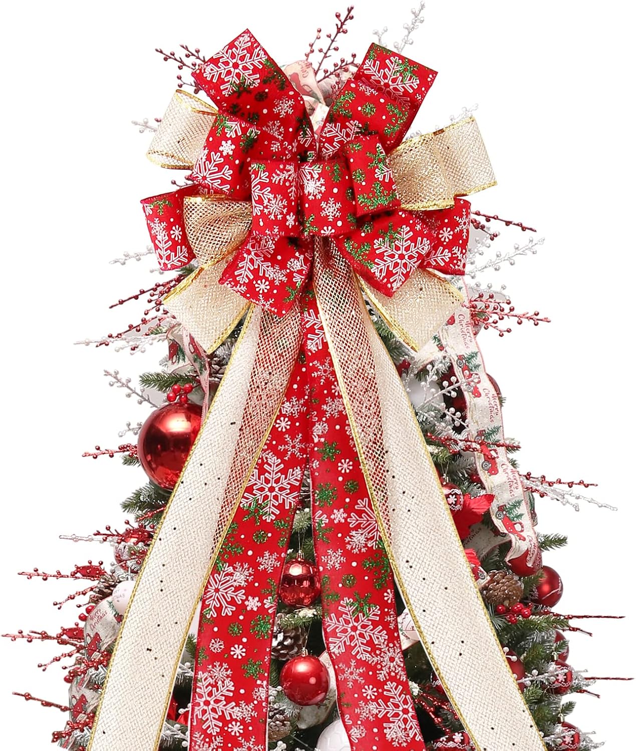 Tree Toppers - Christmas Tree Topper Bow, 44X12 Inch Artificial Xmas Tree Flower Topper Decor, for Family, Wedding, Birthday Party, Indoor Outdoor Thanksgiving Christmas Decoration - Red/Gold/Snowflake.