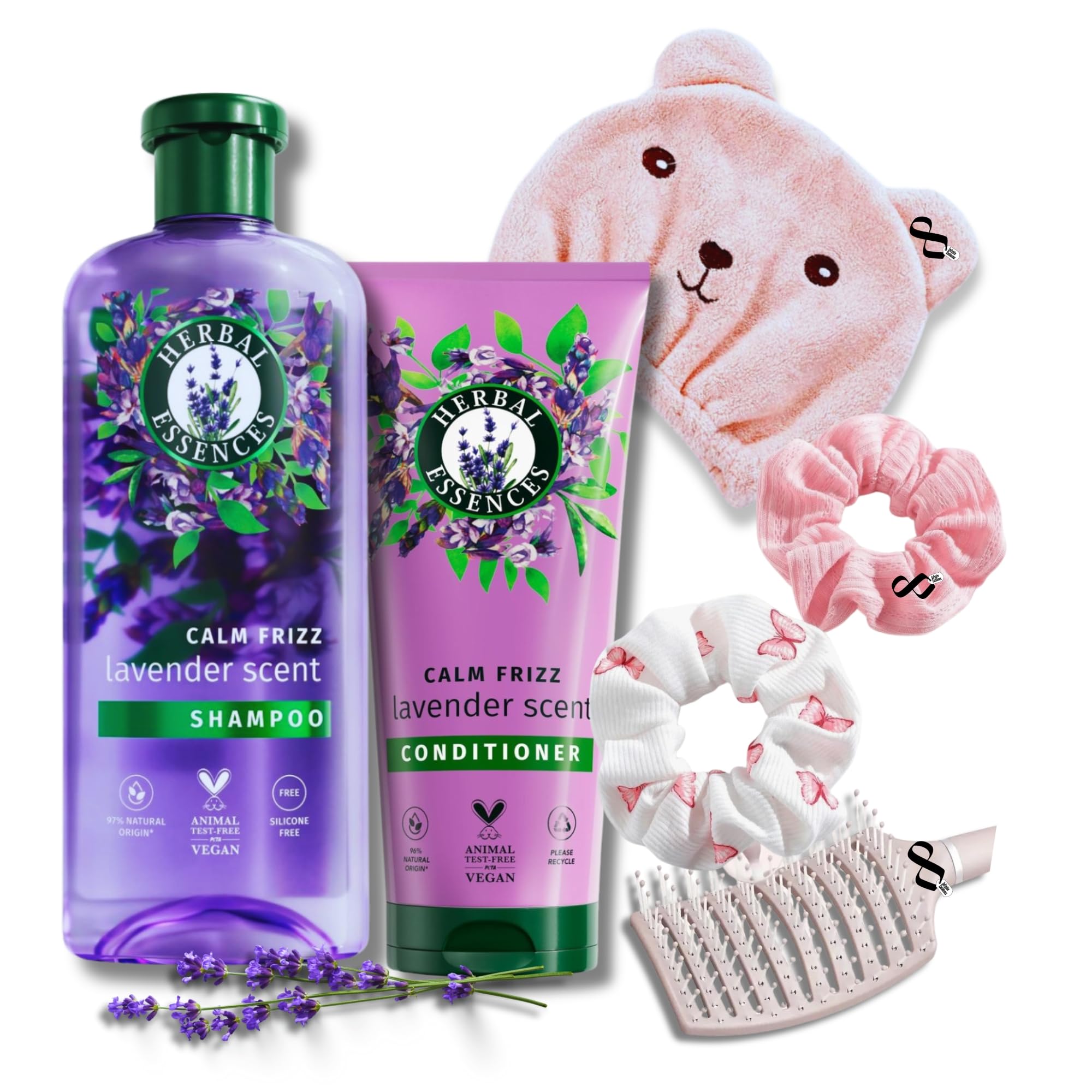 Silicone Free Calm The Frizz Vegan Shampoo and Conditoner Set bundle with Herbal Essences Lavender 350ml Shampoo,250ml Conditioner & Infinite Emblems Hair Care Drying Cap Brush,Scrunchies.