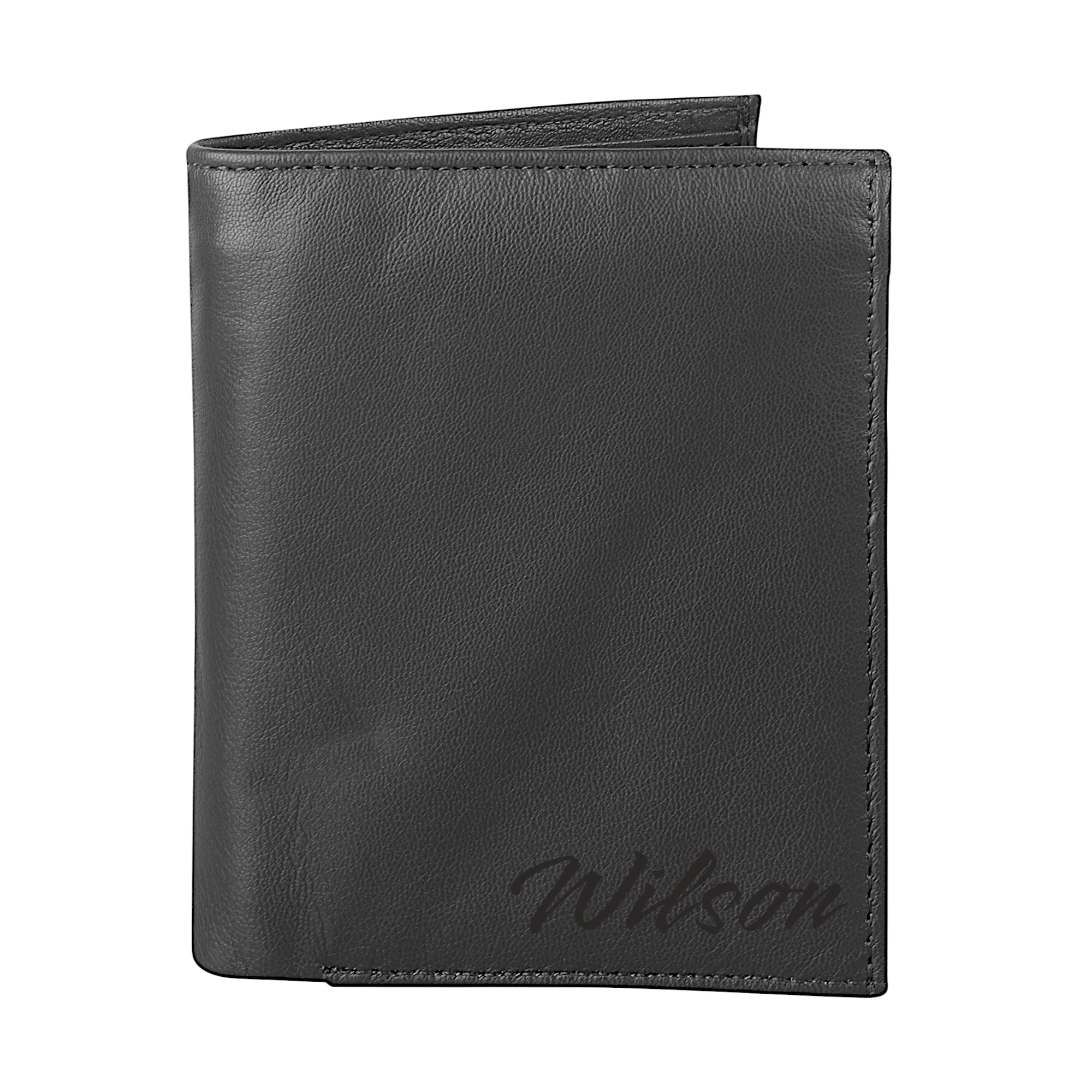 RAS WALLETS Personalised Men's RFID Blocking Leather Wallet – Custom Name Engraved Bifold Credit Card Holder, Slim Compact Wallet with ID Window – Gift for Him (Black)