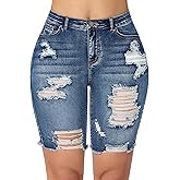 roswear Women Ripped Bermuda Denim Shorts Stretchy High Waisted Jean Shorts Knee Length