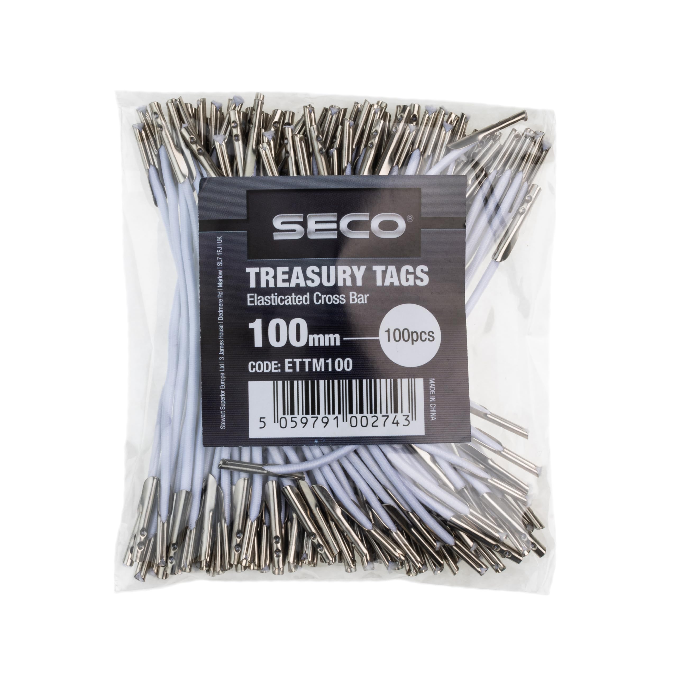 Seco Elasticated Cross Bar Treasury Tags Metal End, 100mm, Pack of 100 - White — image 1
