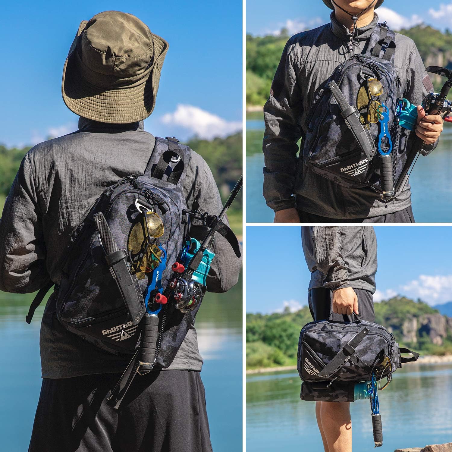 Ghosthorn Fishing Tackle Bag with Rod Holder Tackle Box Storage Backpack Fishing Gear Sling Pack Outdoor Shoulder Fishing Bag for Saltwater and Freshwater Standard Incognito Camouflage : Sports & Outdoors