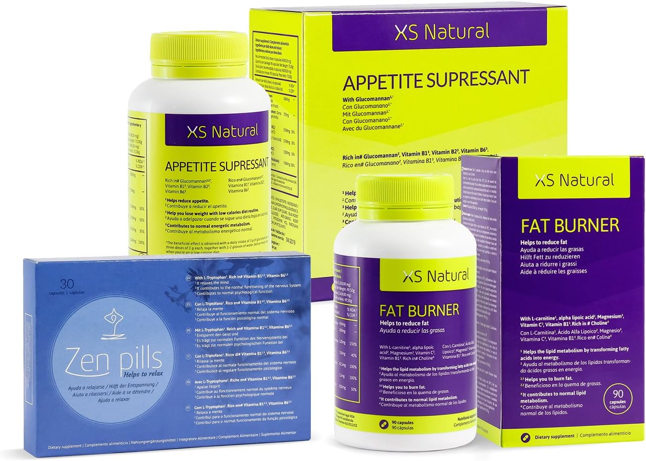 XS Natural Appetite Supressant: Satiating capsules to control and reduce appetite + XS Fat Burner: Fat burning capsules that help you lose weight + Zen Pills: Relax capsules to control anxiety