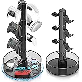Kosker Rotatable Gaming Controller Holder with Basket for Desk, Controller Stand for PS5/PS4/Xbox/Switch/PC Accessories, Holder with Cable Organizer, 4 Tiers Black