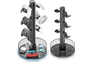 Kosker Rotatable Gaming Controller Holder with Basket for Desk, Controller Stand for PS5/PS4/Xbox/Switch/PC Accessories, Holder with Cable Organizer, 4 Tiers Black