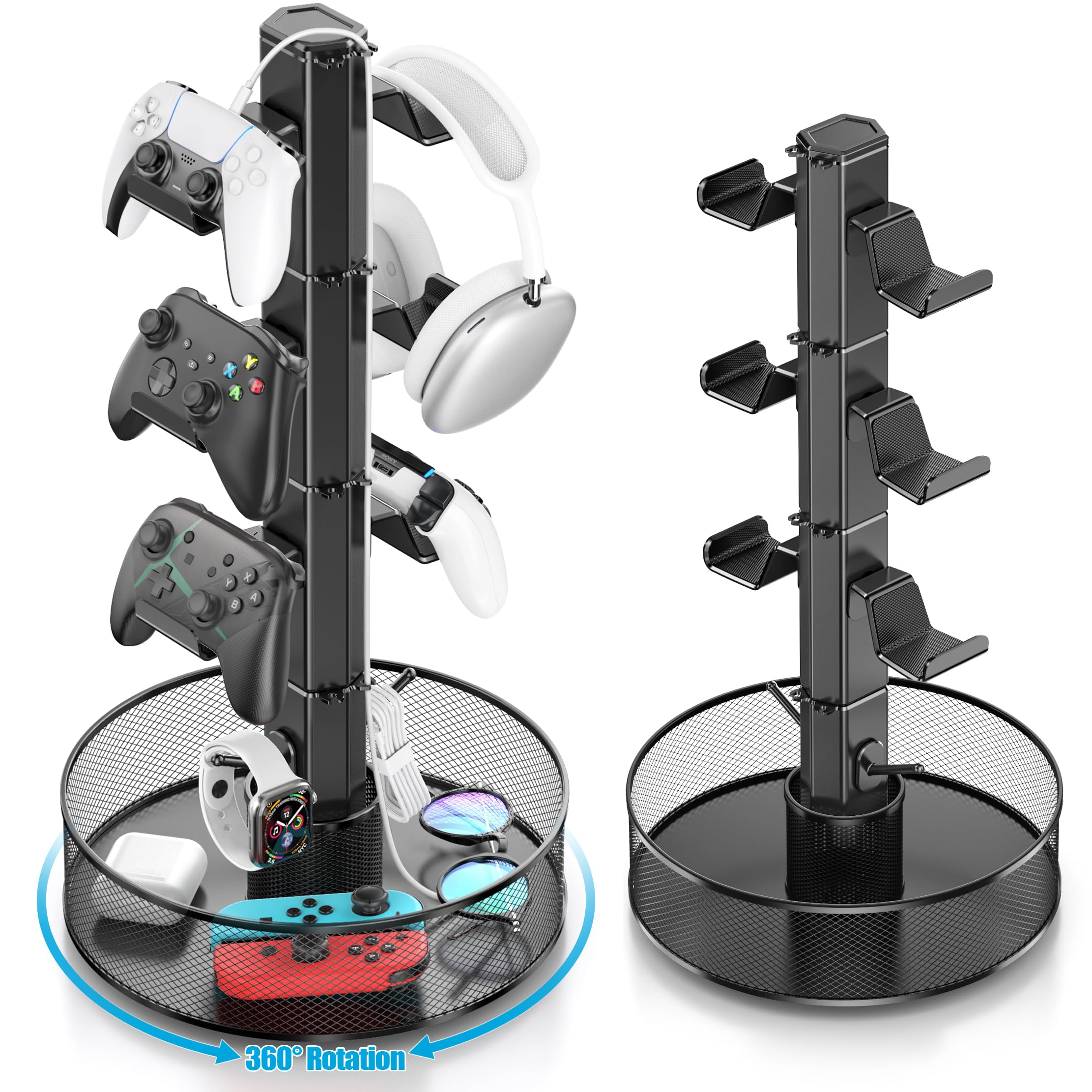Kosker Rotatable Gaming Controller Holder with Basket for Desk, Controller Stand for PS5/PS4/Xbox/Switch/PC Accessories, Holder with Cable Organizer, 4 Tiers Black