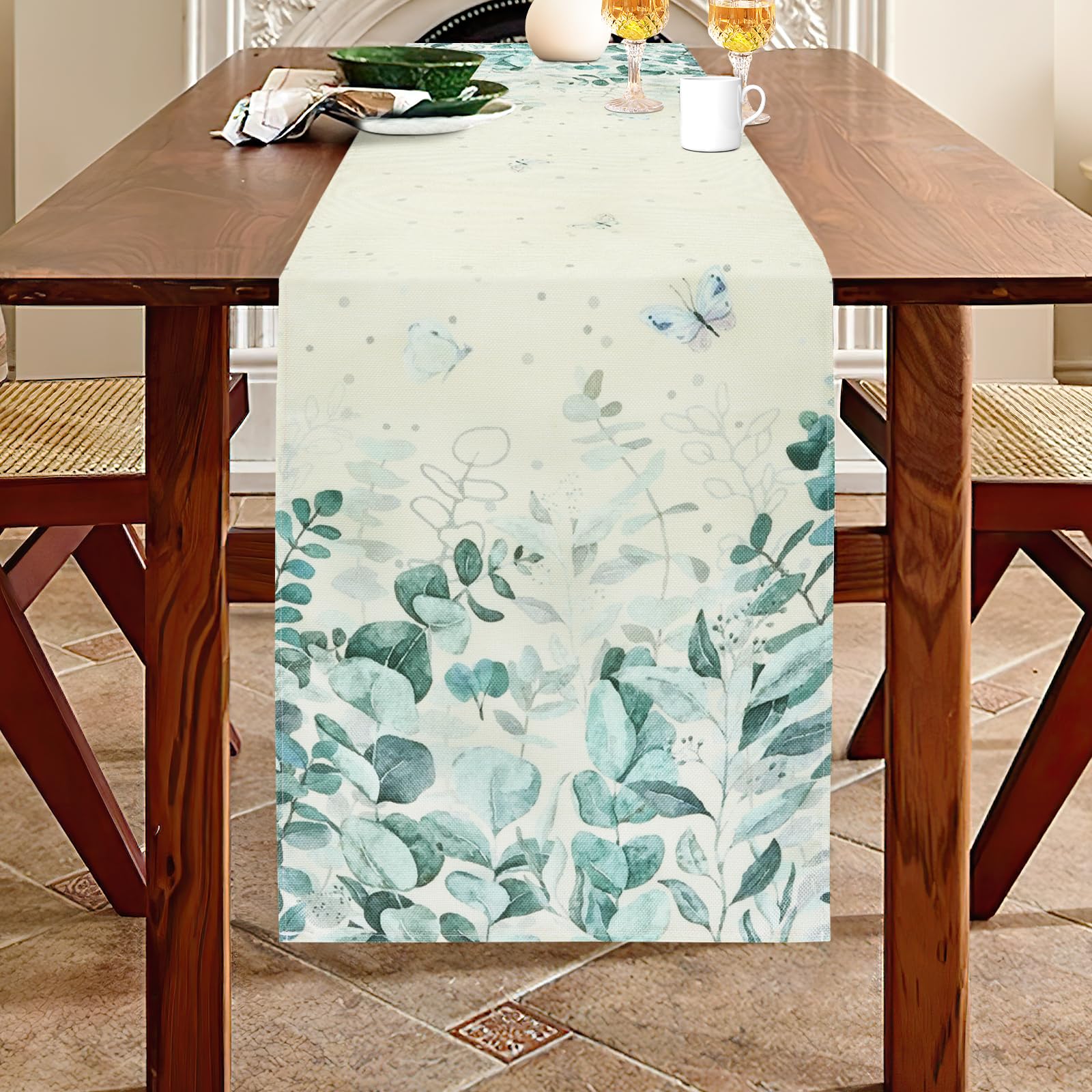 AUAUY Butterfly Eucalyptus Leaves Table Runner, Seasonal Spring Summer Anniversary Holiday Table Decoration for Indoor Outdoor Home Party, Green Plants Printing Table Decor for Kitchen Dining 40x180cm — image 1