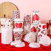 Funtery 48 Set 12 Oz Valentine's Day Paper Coffee Cups with Lids Valentines Disposable Paper Cups Hot Cocoa Party Supplies for Coffee Tea Beverage,6 Styles