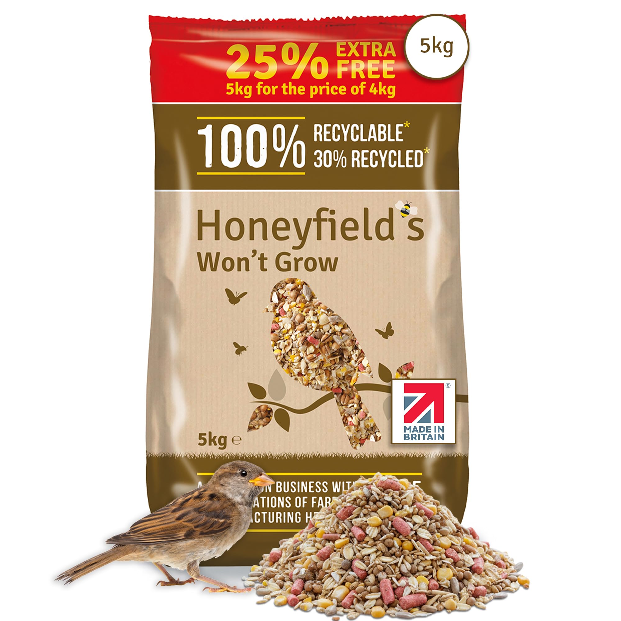 No Grow Bird Seed Mix for Wild Birds - Wild Bird Food for Small Birds for Patios and Non-Grass Areas, Kibbled Sunflower Hearts, Kibbled Peanuts, Ground Feeding and Bird Tables (5kg) - Honeyfield’s