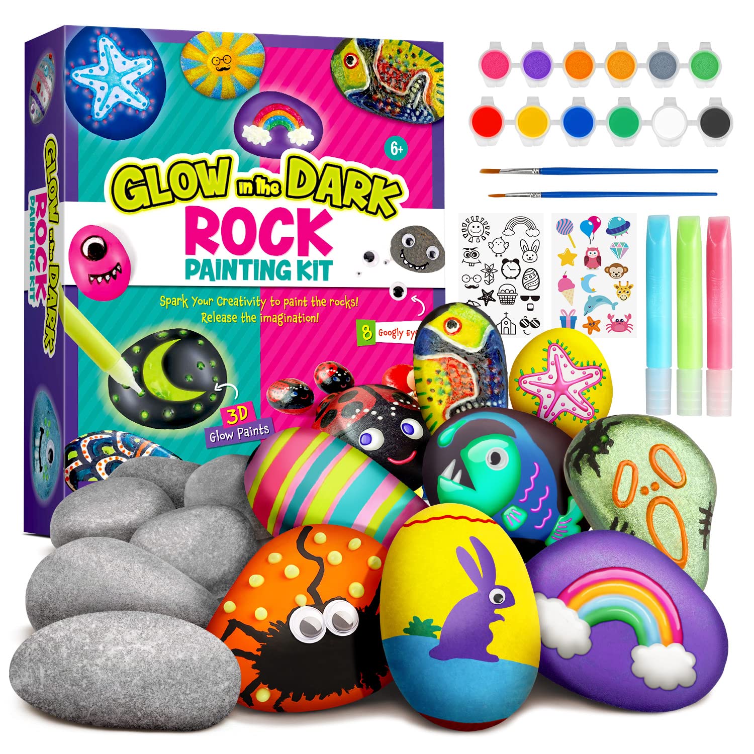Dr. Daz Rock Painitng Kit - Arts and Crafts for Kids - Paint Your Own Rock Sets for Kids with Glow in The Dark Painting - Gift for Kid Ages 5 6 7 8 9 10 Years Old Boys & Girls
