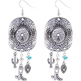 Western Cowgirl Earrings, Silver Cowboy Hat Dangle Earrings with Boots Cactus Turquoise Pendant Boho Country Vintage Rodeo Jewelry Accessories for Women Summer Concert Outfit