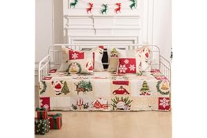 FEYOCN 5-Piece Christmas Daybed Cover Set Twin Cozy Xmas Snowflake Reindeer elk Bedding Sets New Year Soft Bedspread Daybed Comforter Bedspread,Santa Day Bed Cover with 4 Pillow Shams,39"x75"(Beige Green)