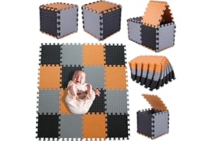 Coolcandy Foam Play Mat(16 Pcs/Set), Multi-Colored Play Mat for Baby, EVA Non-Toxic Interlocking Foam Puzzle Floor Mats, 0.4" Thick Square Kids Playmat for 47 * 47" Playpen(Black/Gray/Orange)