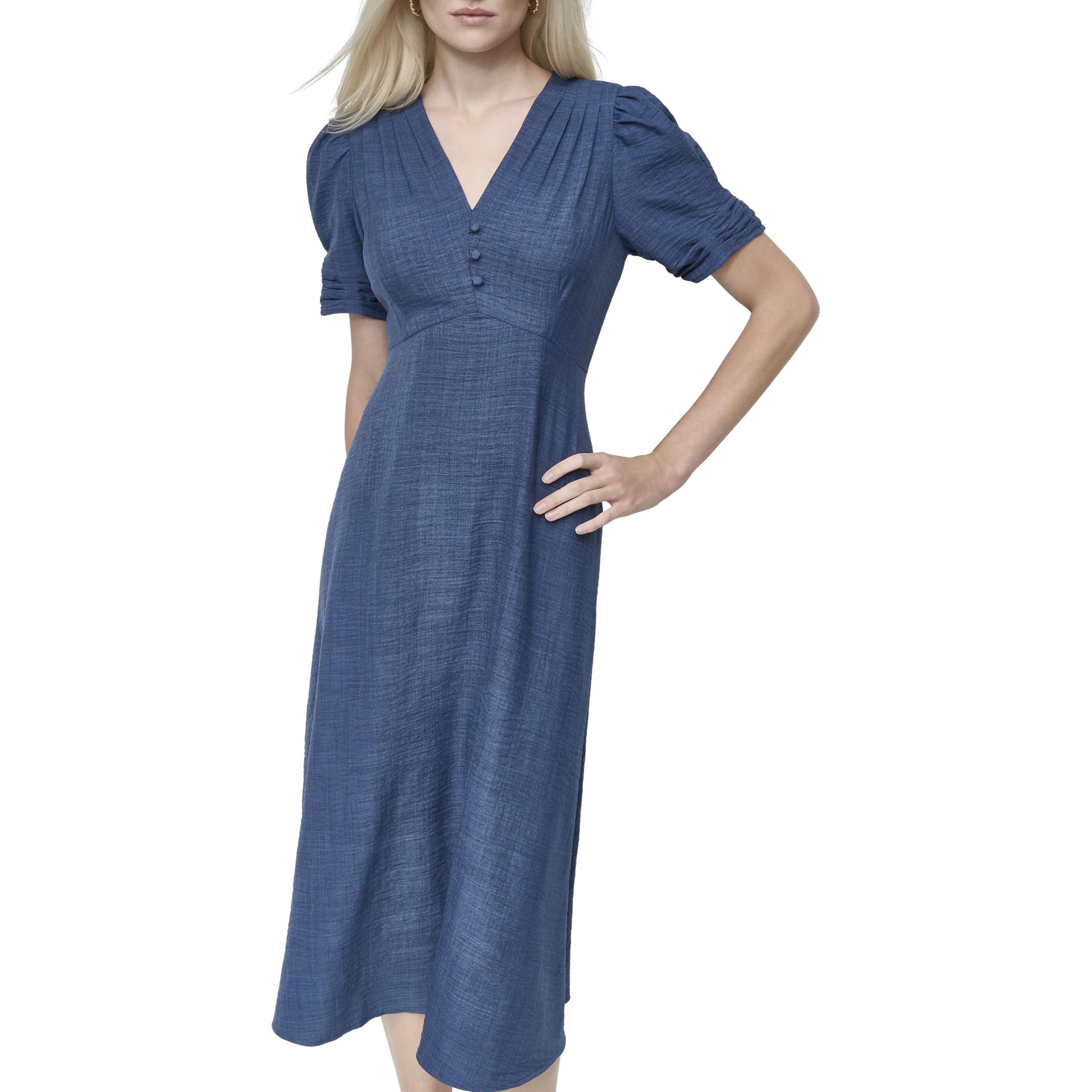 DKNY Women’s Short Sleeve Button Front Fit & Flare Midi Dress, Denim