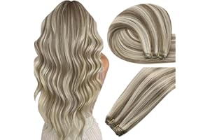 Easyouth Sew in Hair Extensions Highlight Double Weft Human Hair Extensions Light Brown with Blonde Highlight Sew in Hair Ext