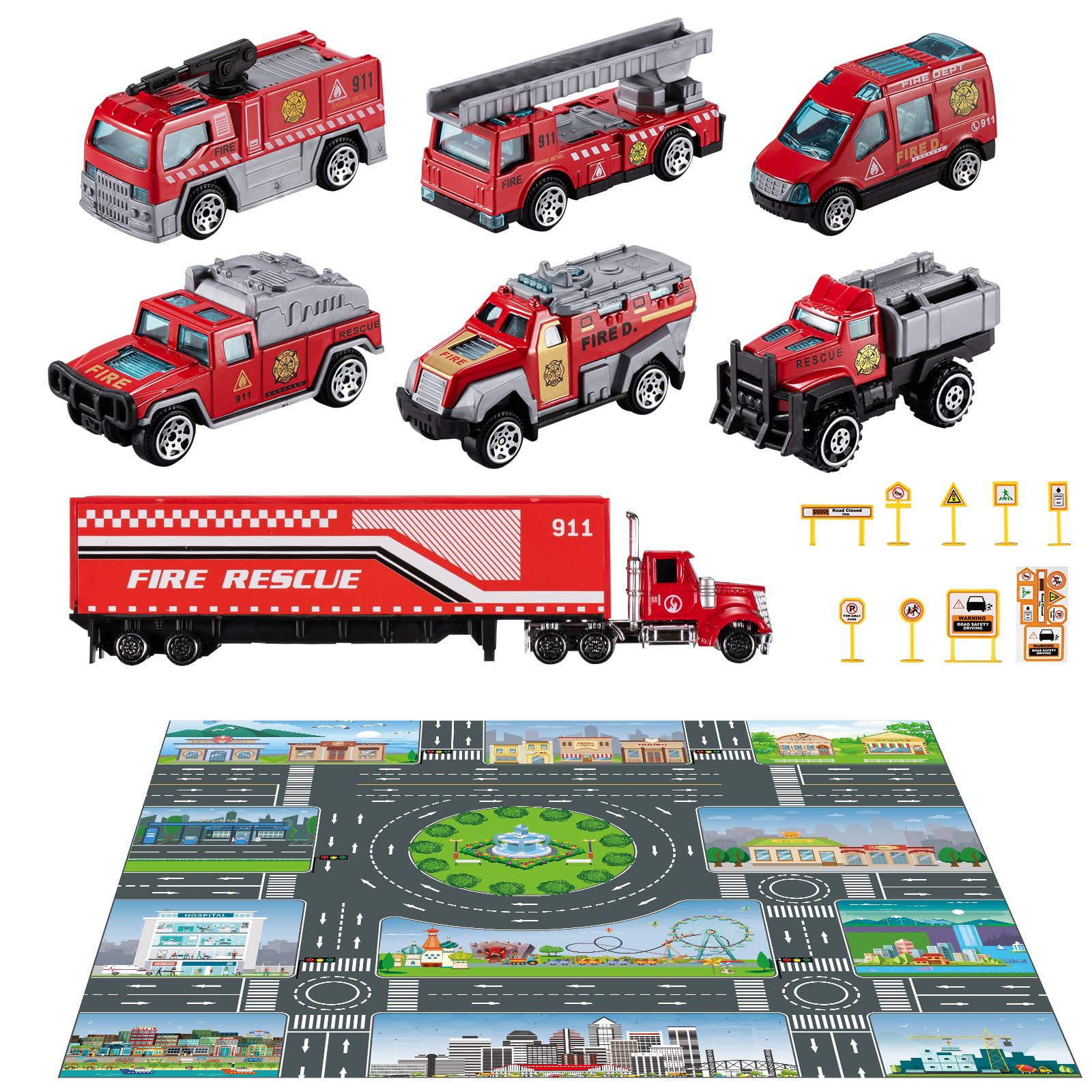 TEMI Diecast Emergency Fire Rescue Vehicle Toy Set