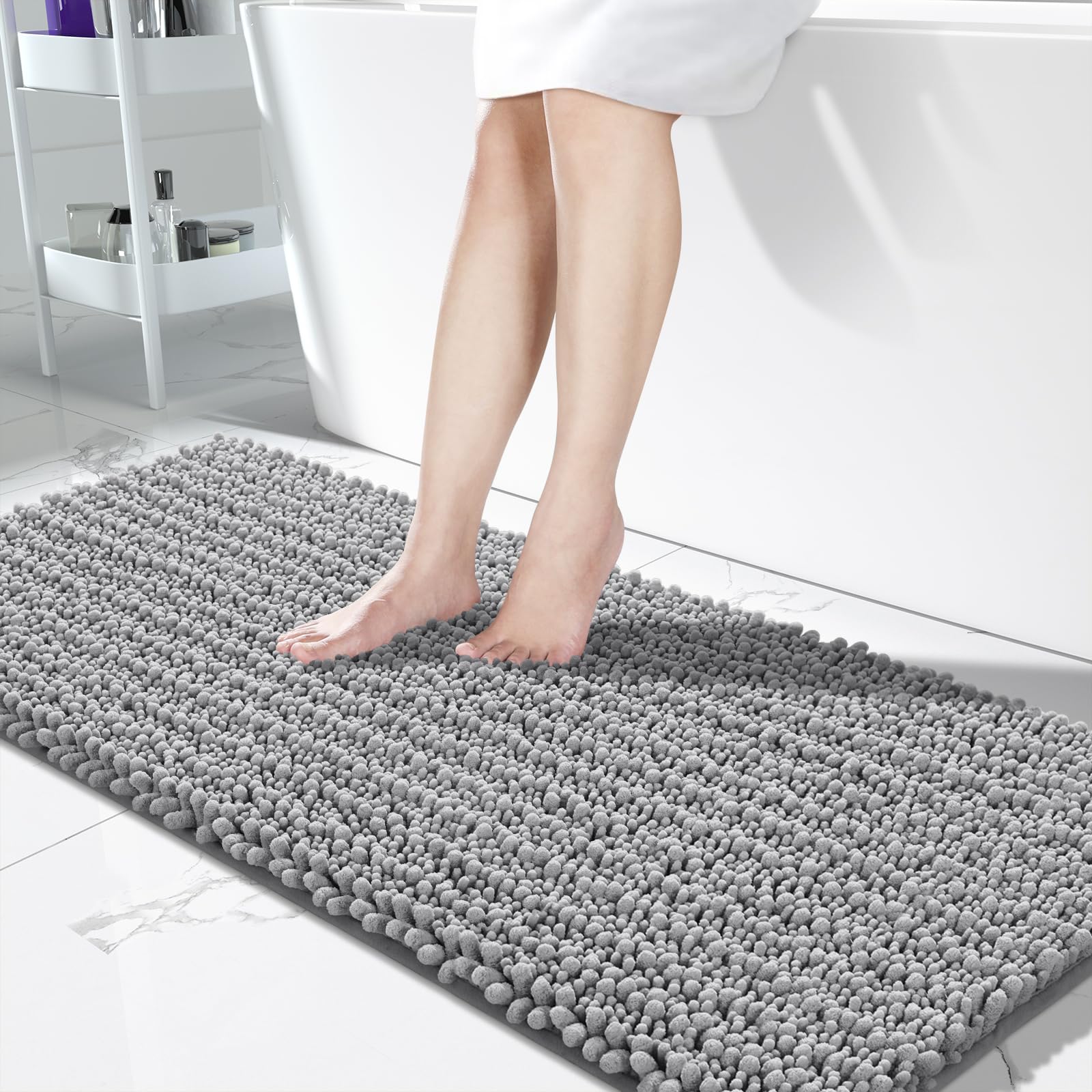 Photo 1 of Yimobra Bathroom Runner Rug 60x24 Inch - Extra Long Non Slip Chenille Bath Mat, Soft & Absorbent, Machine Washable Shaggy Hallway Carpet for Vanity Tub Shower, Gray Home Decor Accessories