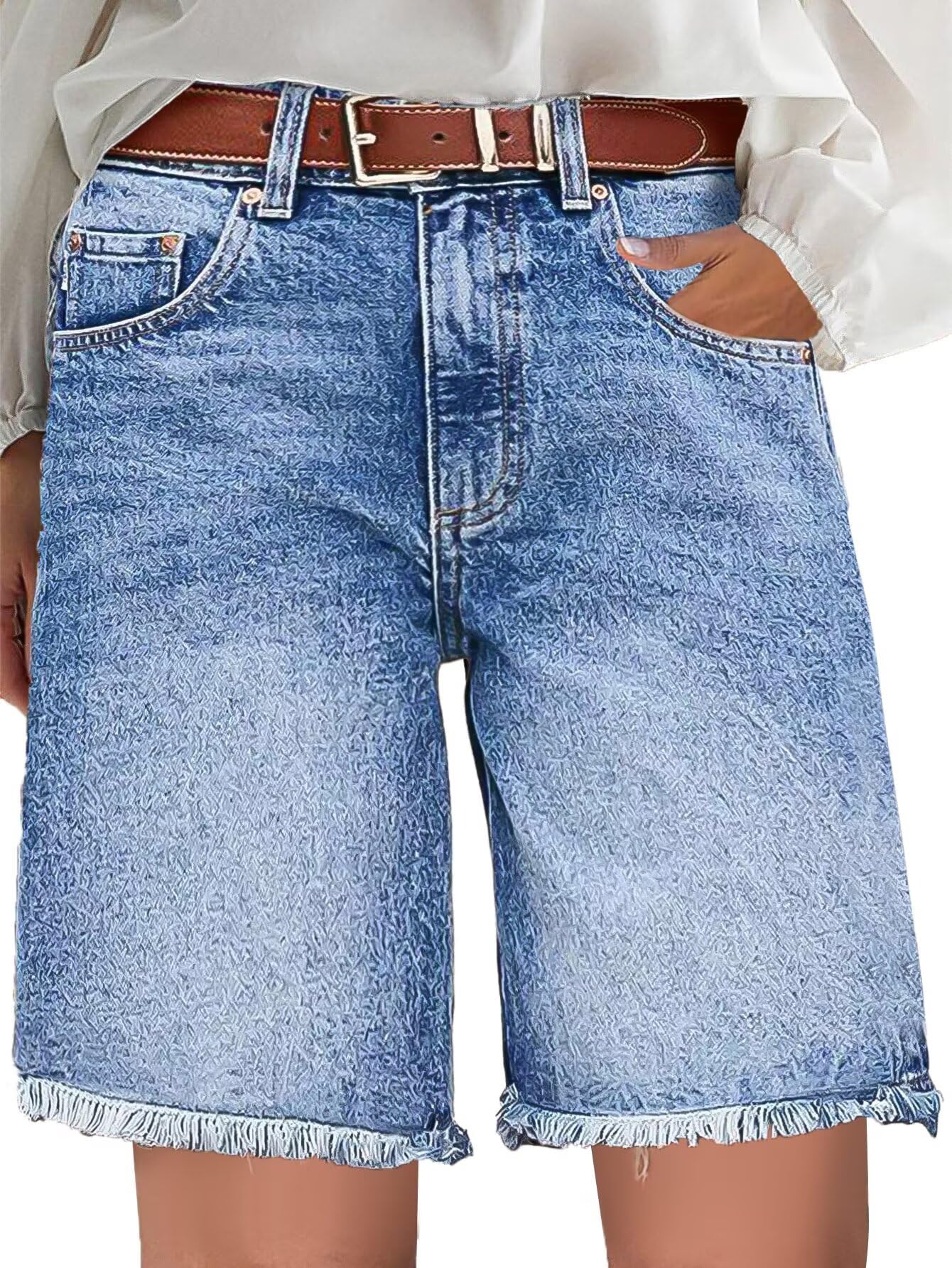 Photo 1 of Flamingals Women's Raw Hem High Waist Bermuda Shorts Casual Summer Shorts Mid Blue Wash M