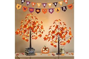BHCLIGHT 2Pack 2FT 50LED Artificial Lighted Maple Tree,Timer Function Prelit Fall Decor Maple Tree with Warm White Light Lamp Battery Operated and USB for Indoor Outdoor Harvest Halloween Thanksgiving Day