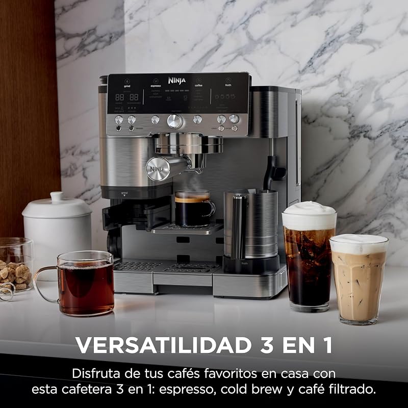 Cafeteira Luxe Premier 3 em 1 para latte, cappuccino, cold brew e espresso com moedor e espuma de leite integrados, fácil de usar e 4 predefinições automáticas de espuma, prata, ES601EU