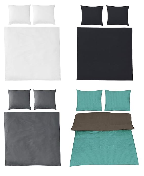Seersucker Bettwäsche Uni Baumwolle bügelfrei in 4 Farben 200x200 cm 2X 80x80 cm Weiss