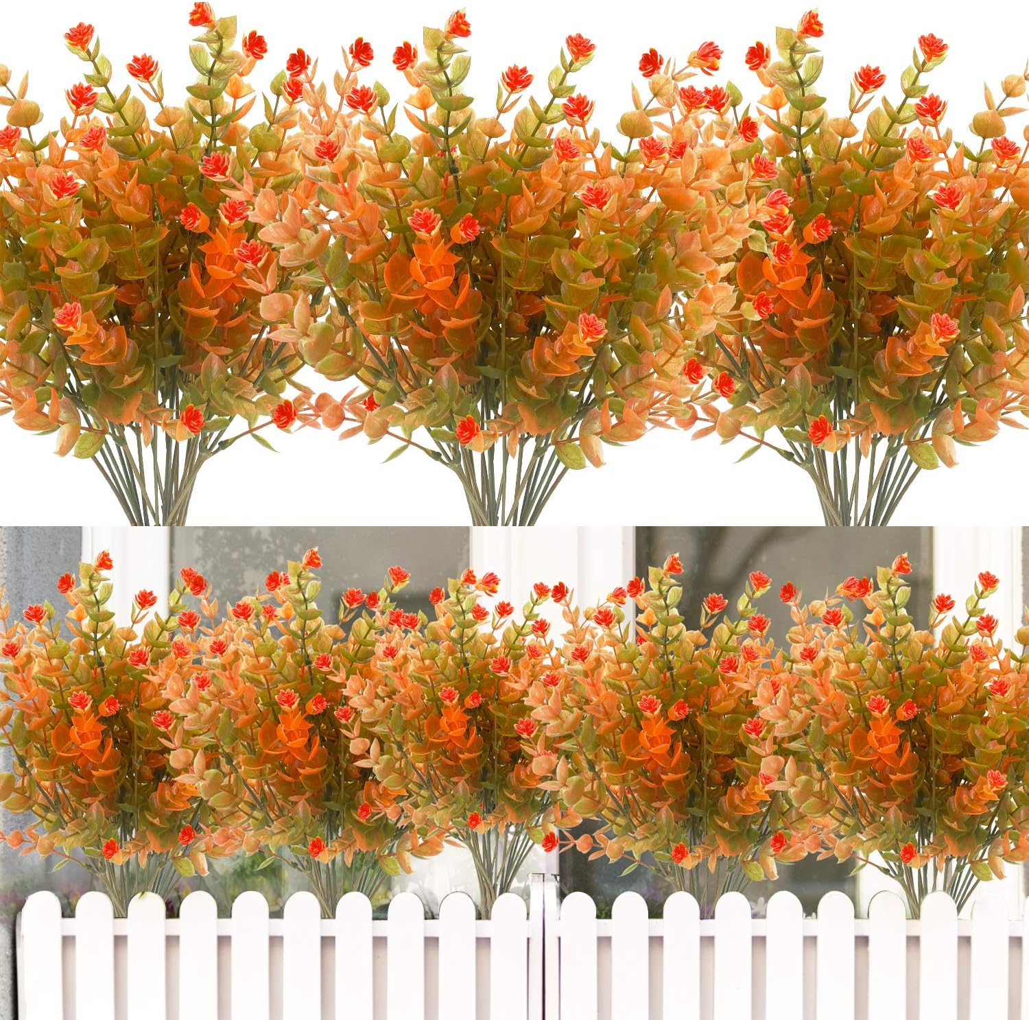 8PCS Artificial Flowers Outdoor UV Resistant Plants, 8 Branches Faux Plastic Corn-flower Greenery Shrubs Plants Indoor Outside Hanging Planter Kitchen Home Wedding Office Garden Decor (Green Orange)