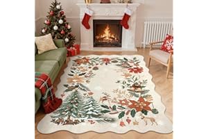 Lahome Floral Christmas Rugs for Living Room, 5x7 Christmas Area Rug for Bedroom Large Washable Carpet, Soft Stain Resistance Xmas Tree Carpets for Under Table Dining Room, Beige/Multi