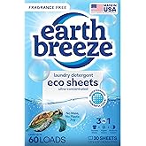 Earth Breeze Laundry Detergent Sheets Fragrance-Free - 60 Loads Eco Liquidless Soap - Travel-Friendly for Hot & Cold Cycles, Tackles Tough Stains & Odors - Gentle on Sensitive Skin, 30 Ct