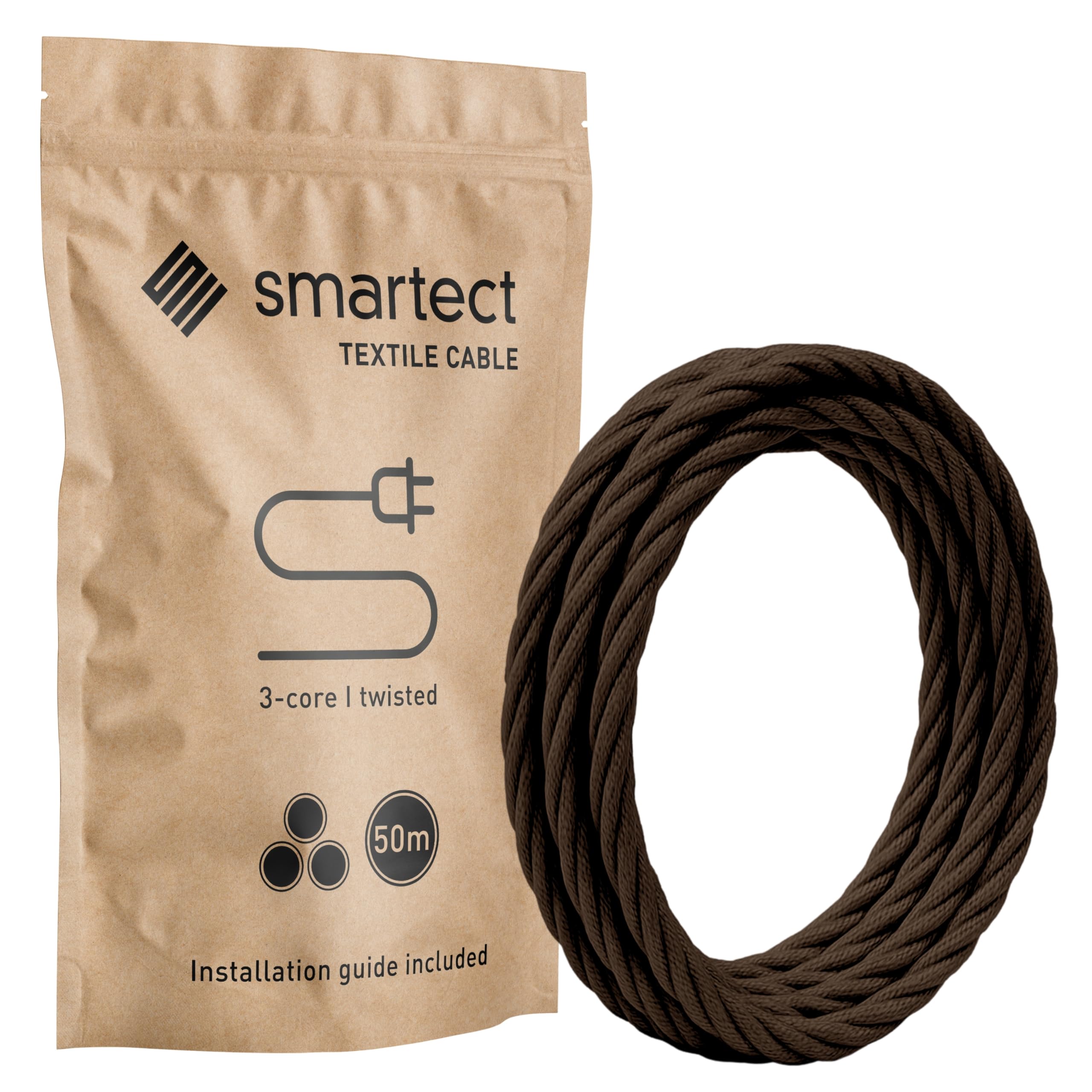 smartect Braided Cable twisted, Brown, 50 Metres 3 Core Electrical Cable (3 x 0.75mm²) Vintage Fabric Electrical Wire for your DIY project
