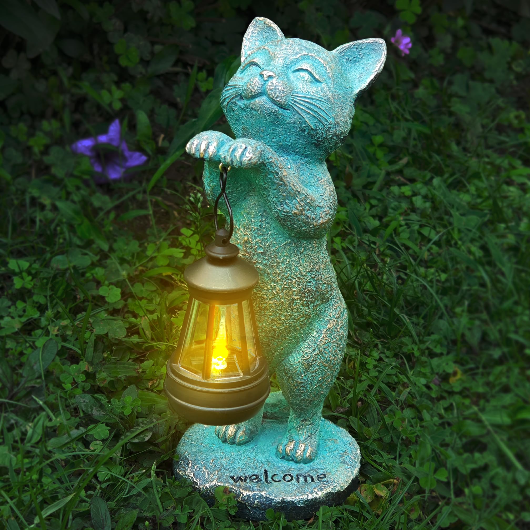 Photo 1 of Outdoor Garden Cat Statues Decor - Birthday Gifts for Women Resin Cat Figurines with Solar Lantern for Yard Art Lawn Ornaments Porch Patio Balcony - Gifts for Grandma Mom Wife
