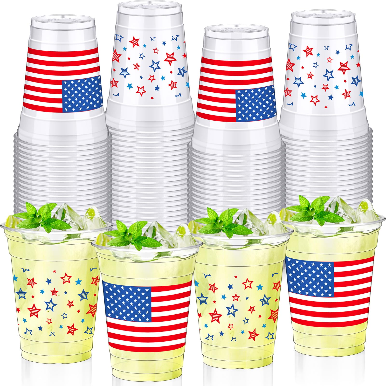 Photo 1 of  4th of July Patriotic Plastic Cups Bulk 12 oz American Flag Disposable Cups Red White and Blue Drinking Accessories for Independence Day Memorial Day Party Supplies