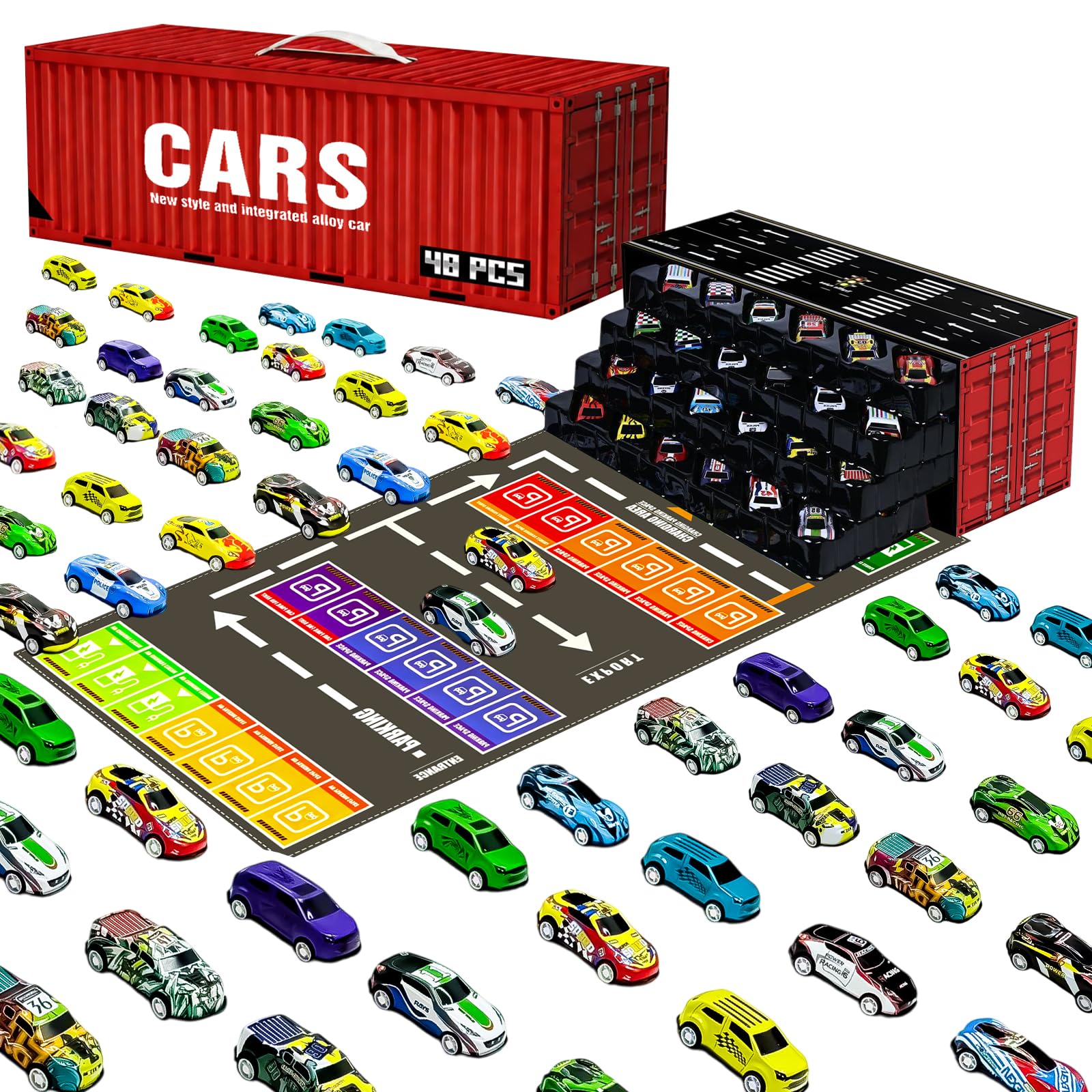 48PCS Pull Back Cars Set, 48 Mini Pull-Back Car with Built-In Garage Set, Alloy Racing Car Friction-Powered Vehicles with Fold-Out Racing Map, Durable Mini Race Car Collection Party Favors, Gifts