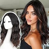 AISI HAIR 【Beginner Friendly Wigs Black Mix Brown Wig for Women Medium Length Wave Curly Glueless Synthetic Heat Resistant Hair Wigs for Daily Party Cosplay