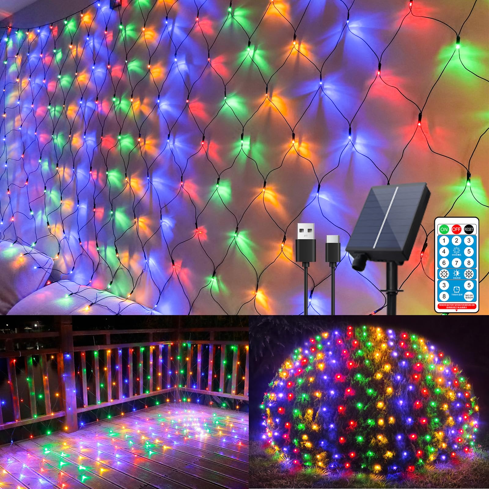 Photo 1 of 11.5ft x 5ft Solar Net Lights Outdoor, Solar & USB 2 Power Way 240 LED Waterproof Mesh Lights for Bushes, Remote Control 8 Modes String Light Trees Patio Garden Christmas Indoor Decor (Multicolor)