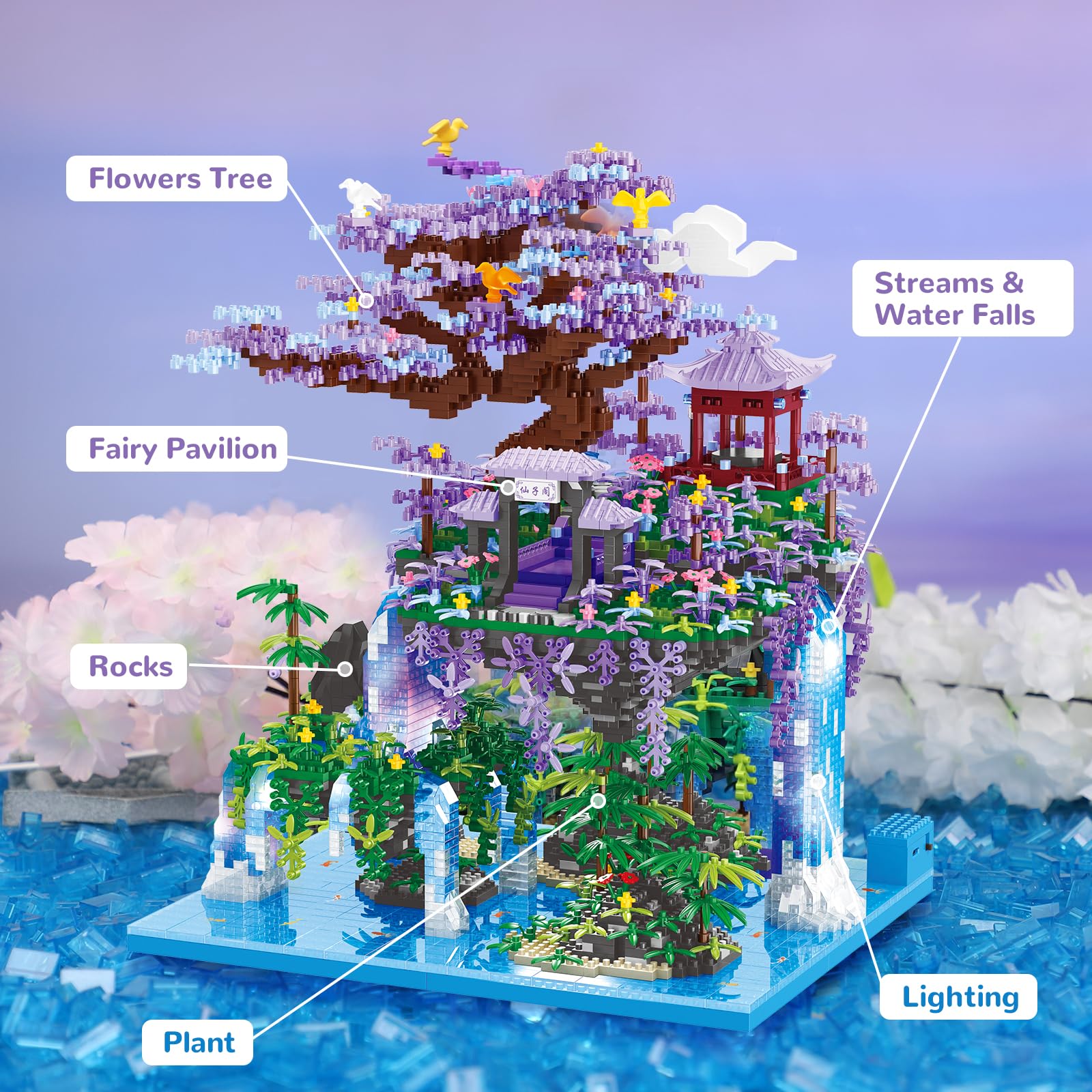 NEWABWN Chinese Moon Palace Pavilion Building Blocks Set - Micro Miniature Bonsai Tree House with String Lights and Flowers for Adults Teens 14+ (4574 Pieces)