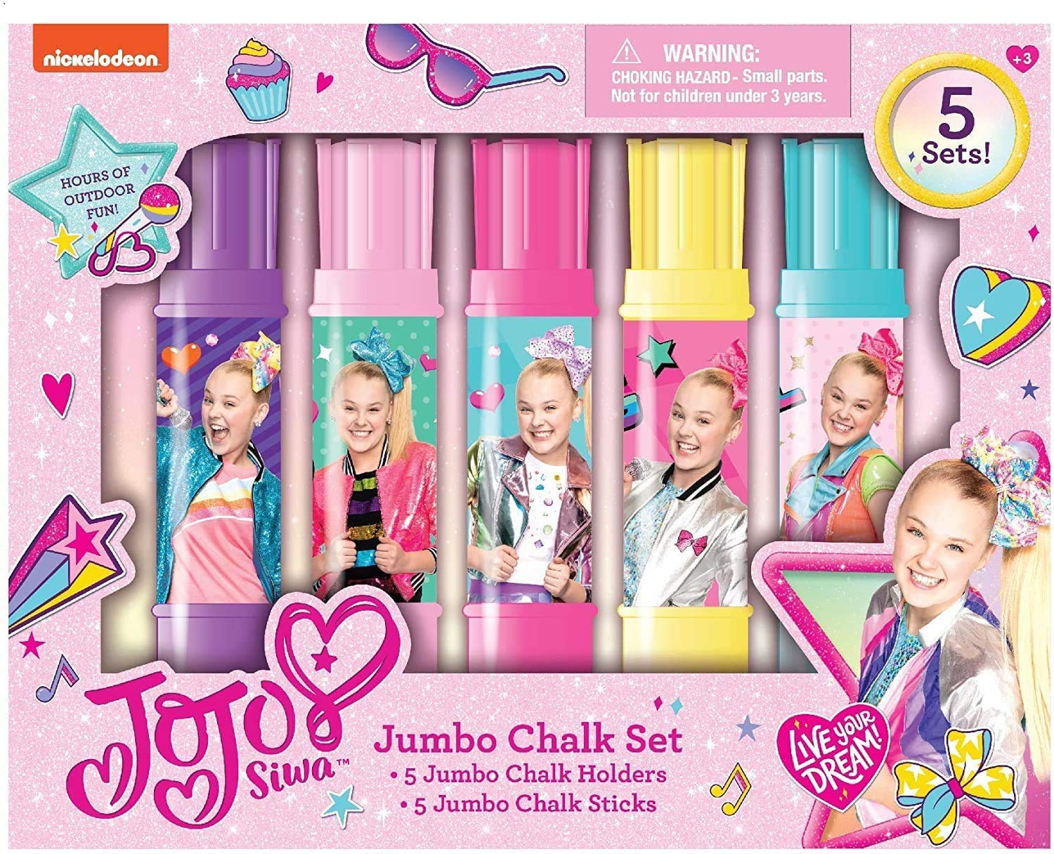 JoJo SiwaNickelodeon Washable Sidewalk Chalk in Assorted Colors, Chalk with Chalk Holder, Chalk Coloring Art Play for Girls - 5 Counts