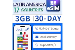 South America Travel eSIM 30-Day 3GB High-Speed & Unlimited Basic Data, Coverage in Brazil, Mexico, Colombia, Costa Rica & Mo