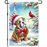BlissYard Christmas Bulldog and Cardinal Garden Flag 12x18 Inch Welcome Yard Flag Double Sided Holiday Outdoor Banner with Puppy and Red Bird in Snow Scene for Porch Lawn Patio