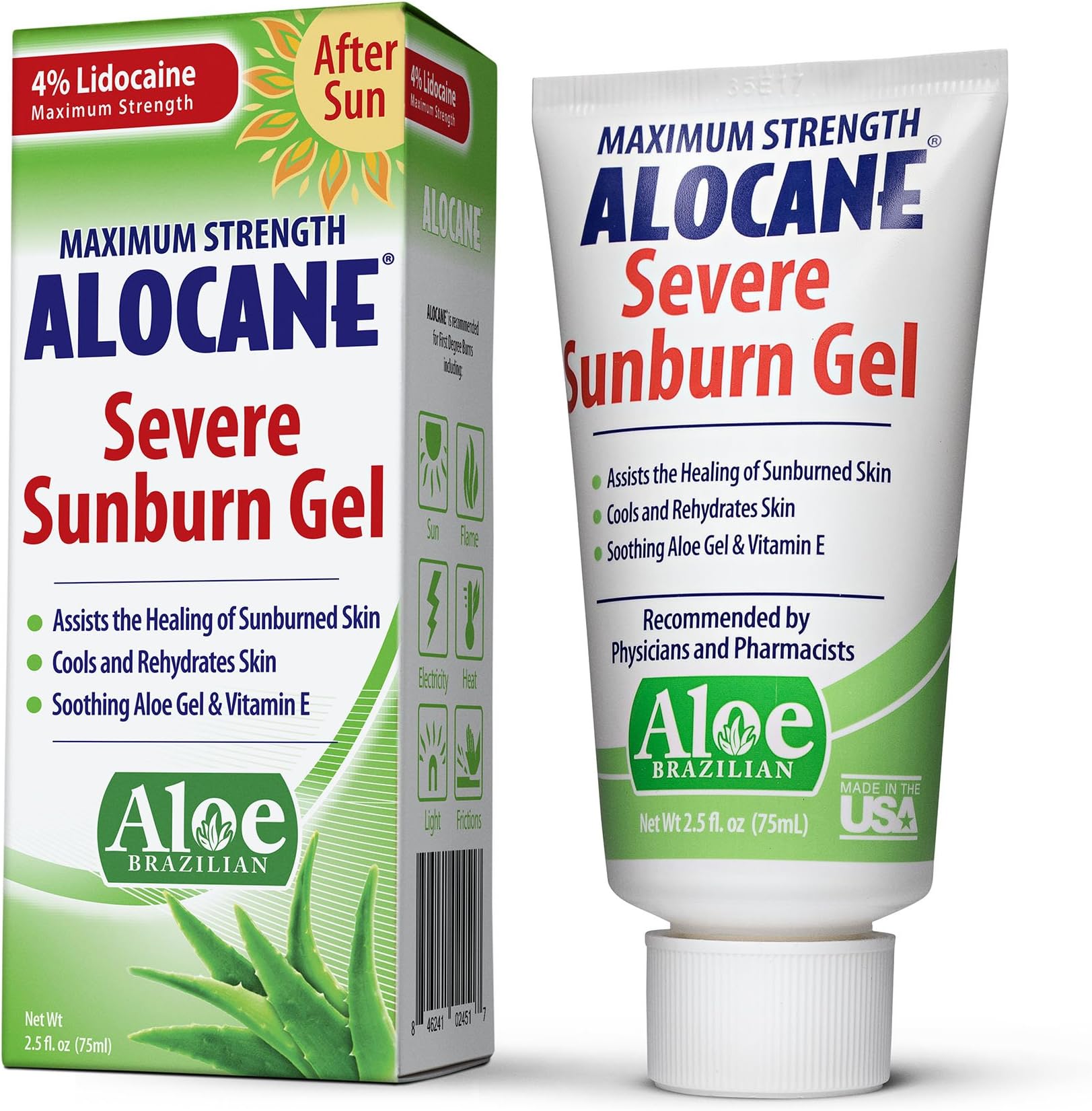 Alocane Severe Sunburn Gel, with Lidocaine, Vitamin E & Brazillian Aloe, Pain, Itch, After Sun Relief to Help Soothe, Repair, Cool & Heal Sun Burned Skin, Alcohol Free Non-Irritating, 2.5 oz.