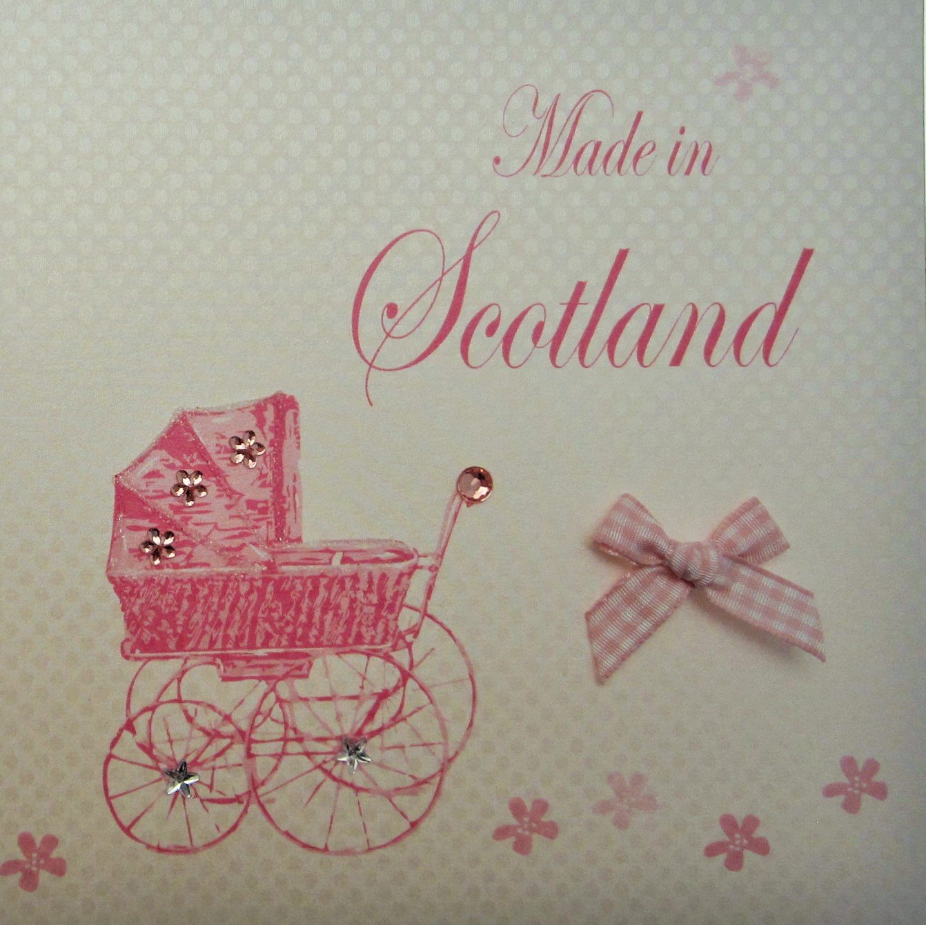 white cotton cards Made in Scotland Handmade New Baby Town Card with Pink Pram
