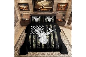 EROSEBRIDAL Deer Camo Comforter Set Queen Antlers Hunting Camo Bedding Sets For Teen Boys Men Camouflage American Flag Bed Comforter Set ,Western Farmhouse Wild Animal Bedding Quilt Black White Home Decor 3 Pcs