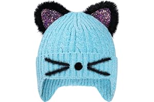 POP YOUR DREAM Kids Gils Sequin Cat Ears Beanie Earflap Hats Winter Knitted Hat Warm Snow Skull Skiing Caps 3-14 Years