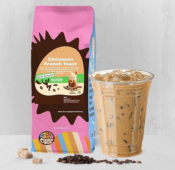 CRAZY CUPS DECAF GROUND COFFEE, CINNAMON FRENCH TOAST, FOR BREWING HOT OR ICED COFFEE, 10 OUNCE