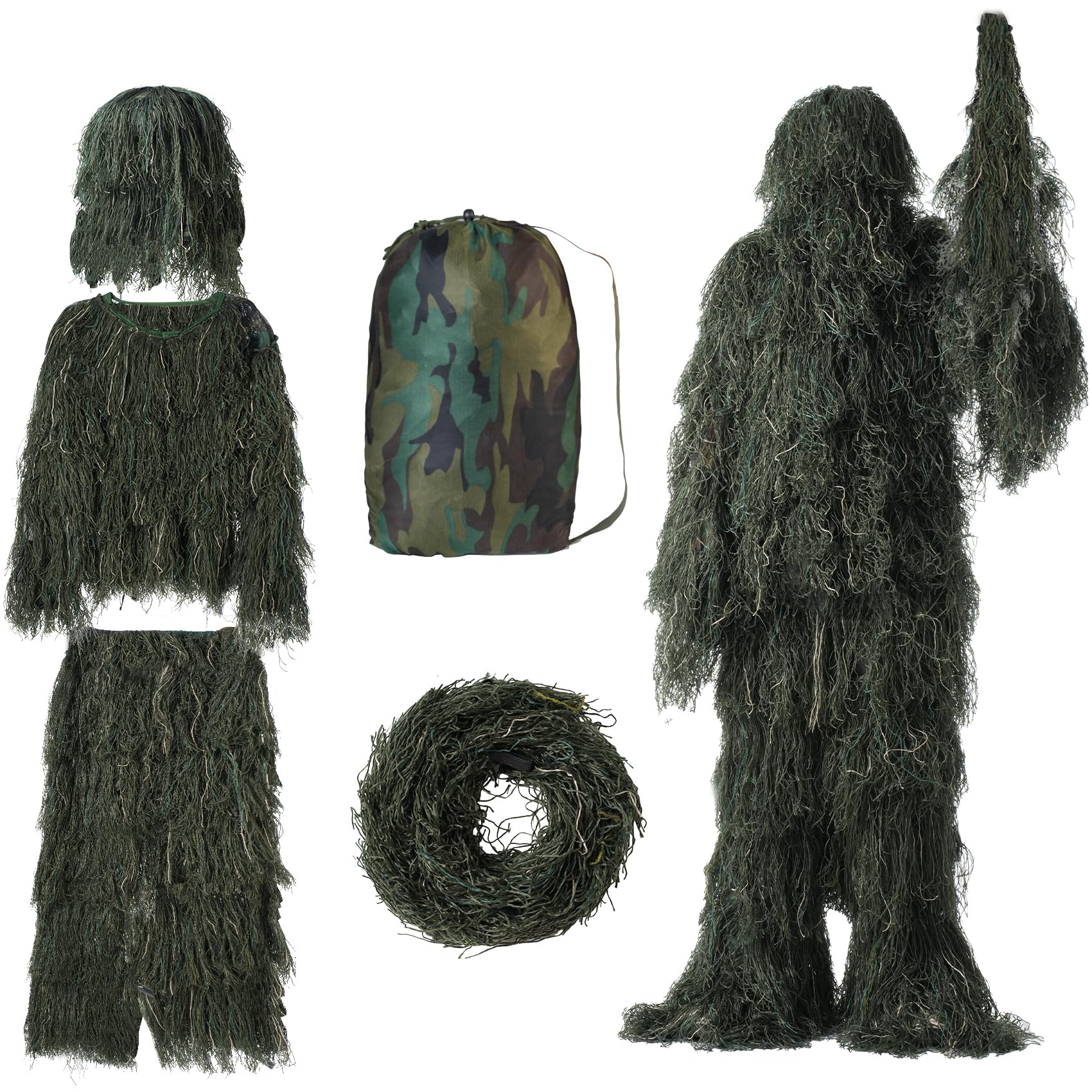 Photo 1 of SURANDIES 5 in 1 Ghillie Suit, Ghillie Suit for Men, Including Jacket, Pants, Hood Camouflage Strap and Carry Bag, 3D Camouflage Hunting Apparel Suitable for Unisex Adults/Youth