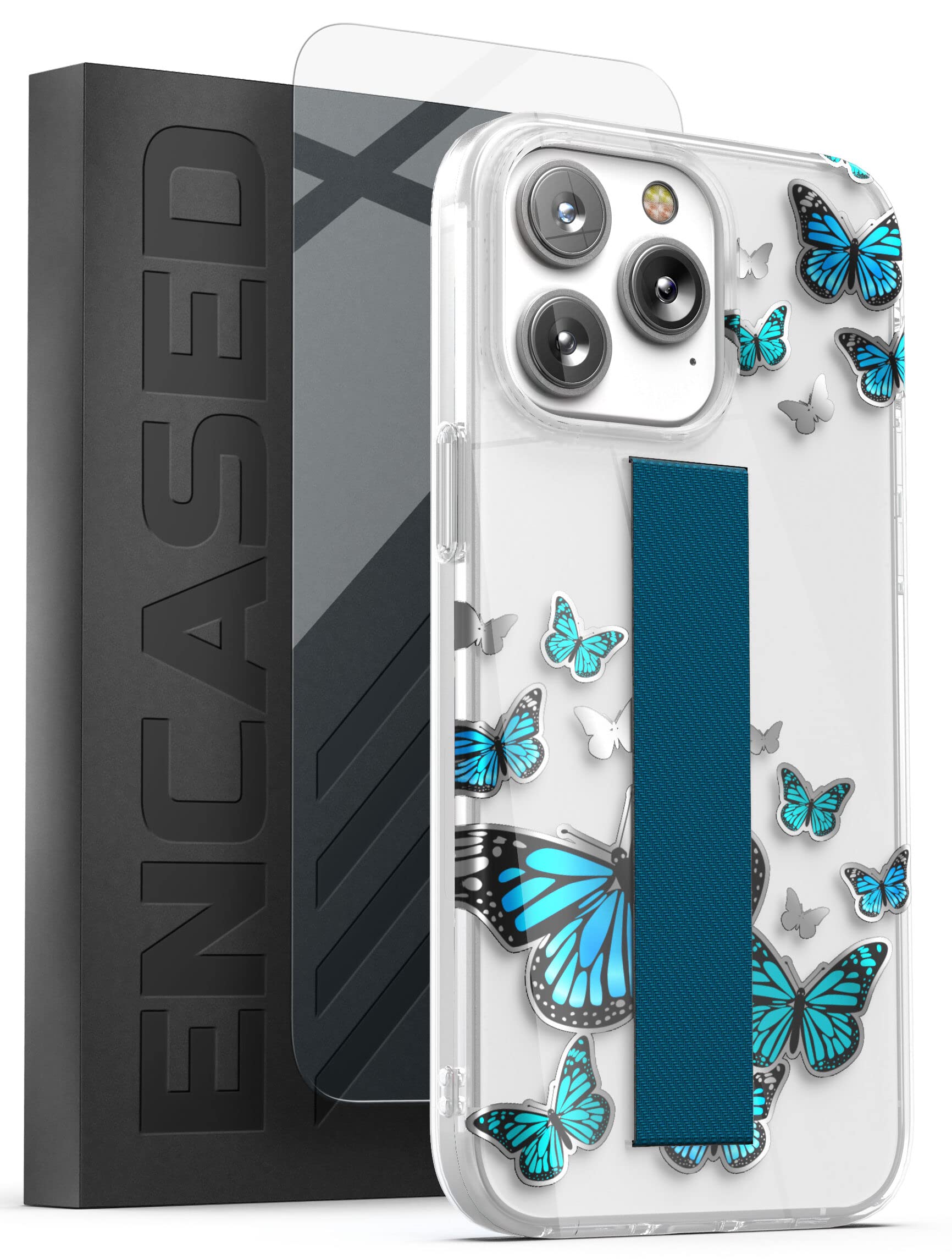 Encased Finger Loop Case Designed for iPhone 14 PRO Case for Women with Hand Strap (Screen Protector Included) - Blue Butterfly — image 1