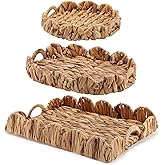 Afarnook Set of 3 Scalloped Baskets Woven Trays for Decor Water Hyacinth Trays with Handles 3 Sizes Decorative Seagrass Tray Round Rectangle Oval Large Shallow Basket for Decor, 16.5" +15" +10.6"