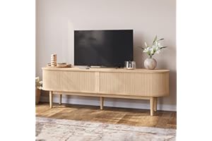 LINSY HOME 70" Fluted TV Stand for TVs up to 80 Inch, Mid Century Modern Entertainment Center with Storage Cabinet and Sliding Doors, Farmhouse Wood Media TV Console for Living Room, Bedroom, Oak